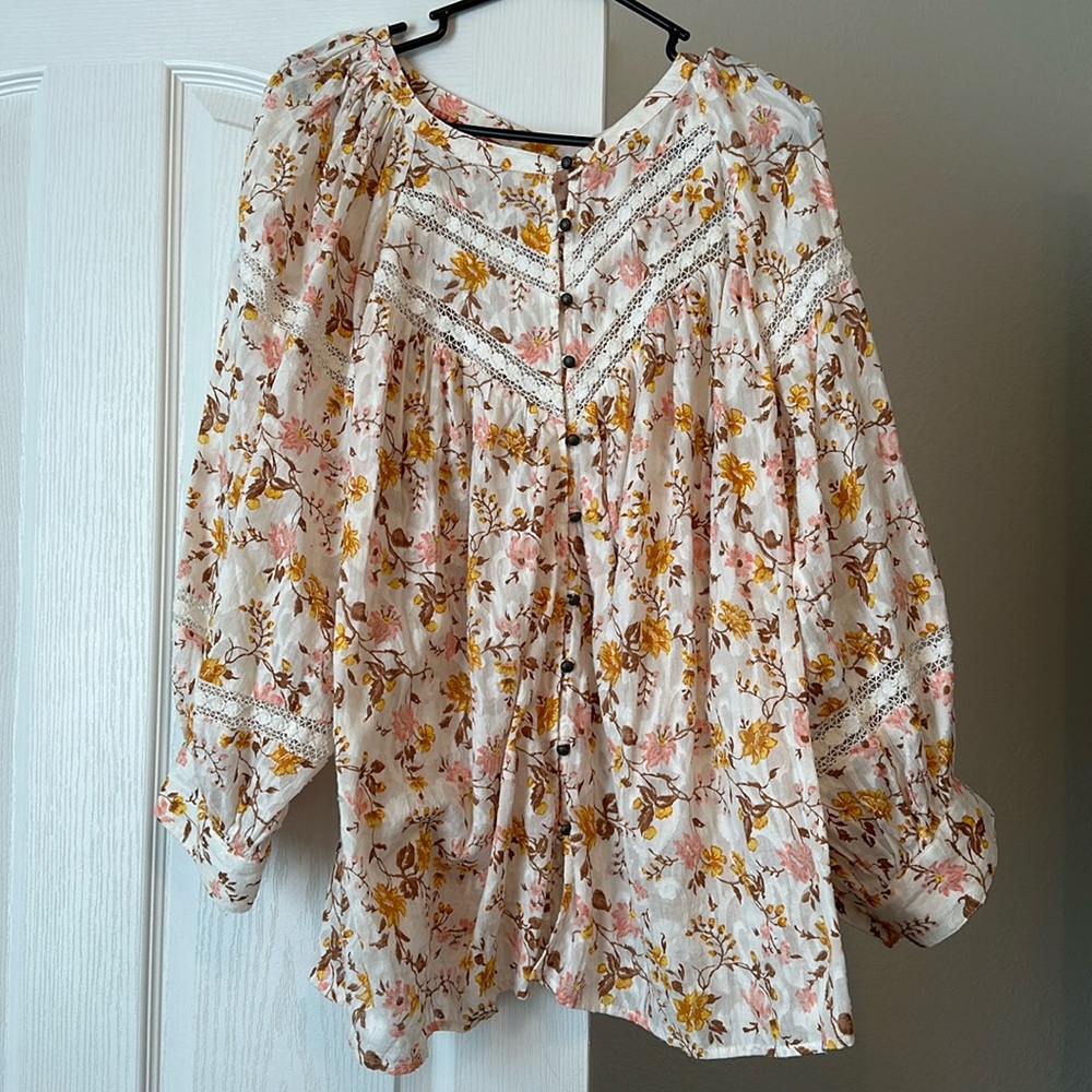 Anthropologie Floral Button-Down Blouse - Pink and Yellow